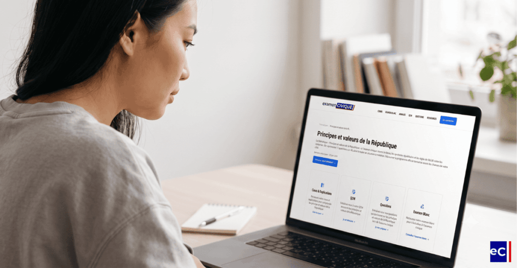 Femme qui révise un cours sur les principes et valeurs de la République sur le site examencivique.fr.