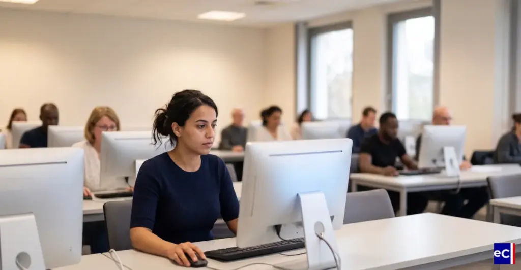 Salle d'examen avec candidats de profils variés passant l'examen civique sur ordinateur.