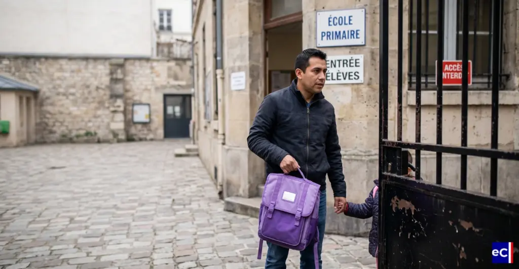 Un parent accompagne son enfant à l'entrée d'une école primaire en France.