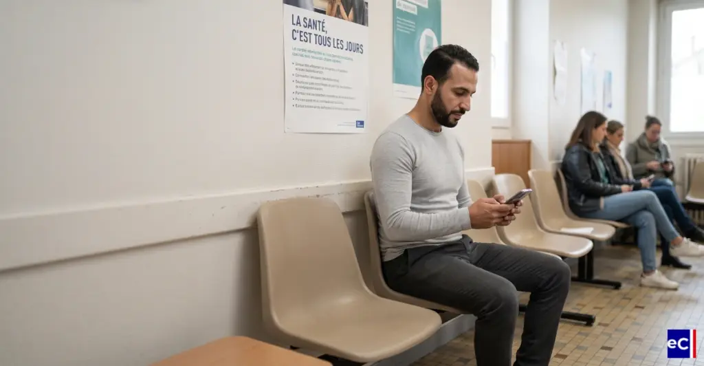 Un homme attend son rendez-vous dans la salle d'attente d'un centre de santé.
