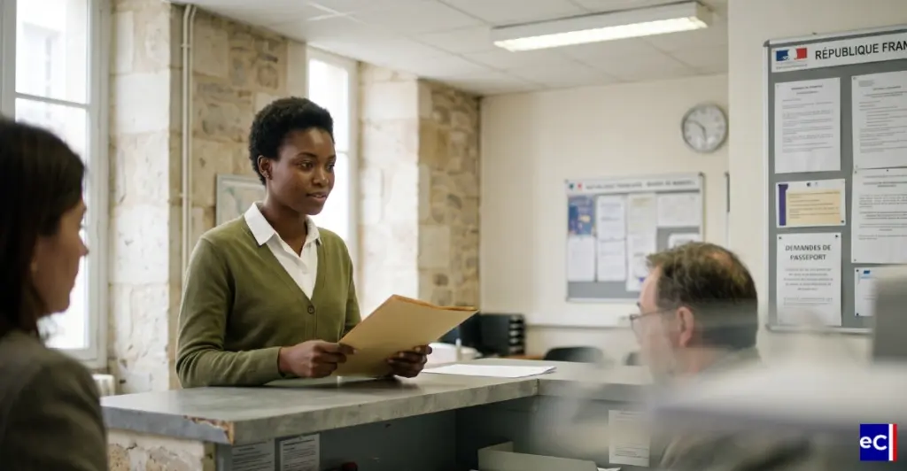 Une personne remet un dossier à un agent d'accueil dans une administration française.