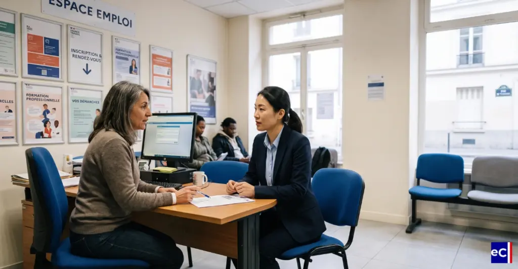 Un entretien entre une conseillère et une candidate dans un espace d'accompagnement à l'emploi.