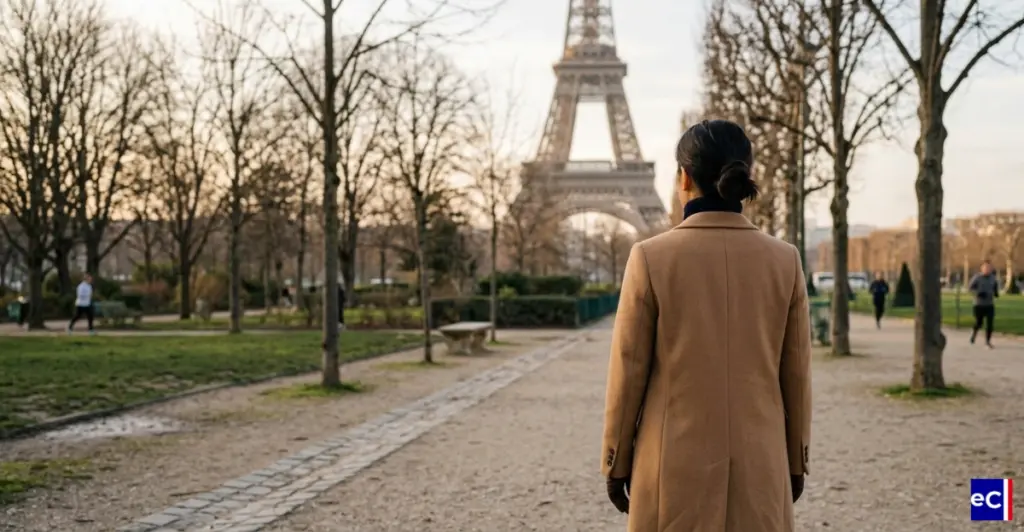 Une femme contemple la tour Eiffel depuis un jardin parisien.