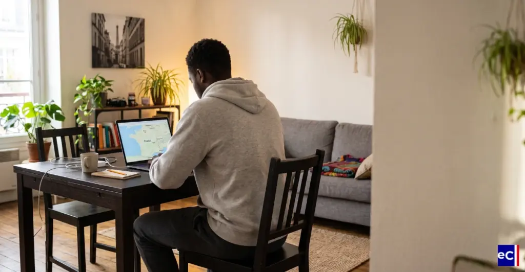 Homme assis de dos devant un ordinateur portable affichant une carte de France, dans son salon.