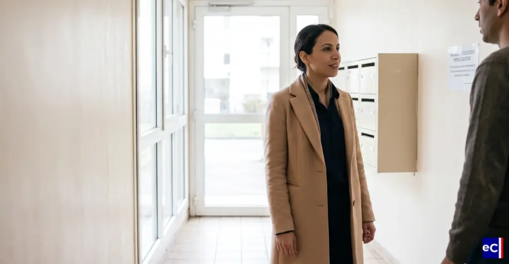 Deux personnes échangent dans le hall d'un immeuble résidentiel.