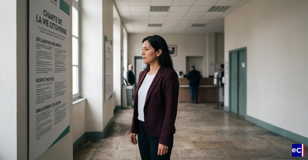 Une femme consulte une affiche présentant les droits et les principes de la vie citoyenne.