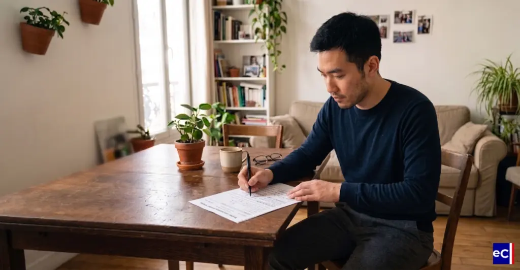 Un homme remplit un document administratif à son domicile.