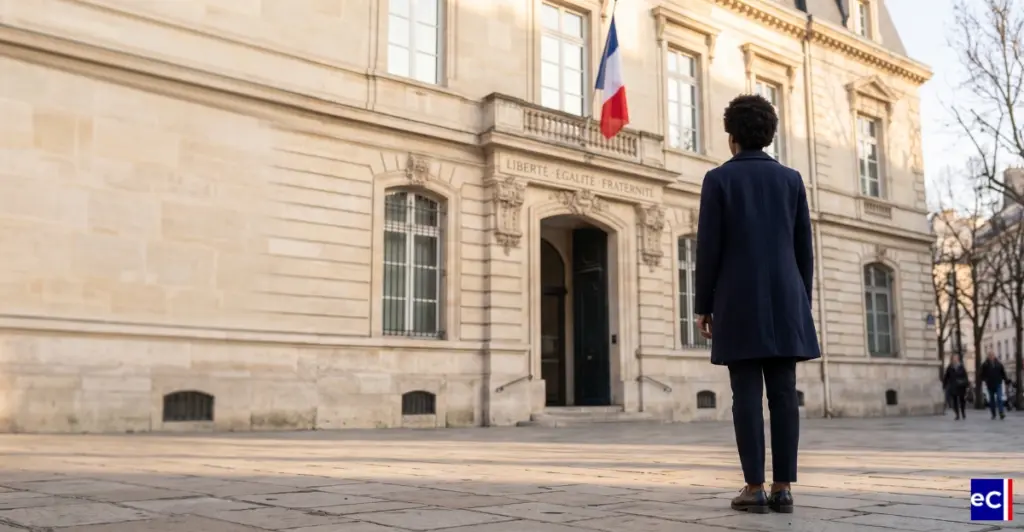 Femme en manteau bleu observant une mairie avec l'inscription gravée 'Liberté Égalité Fraternité.