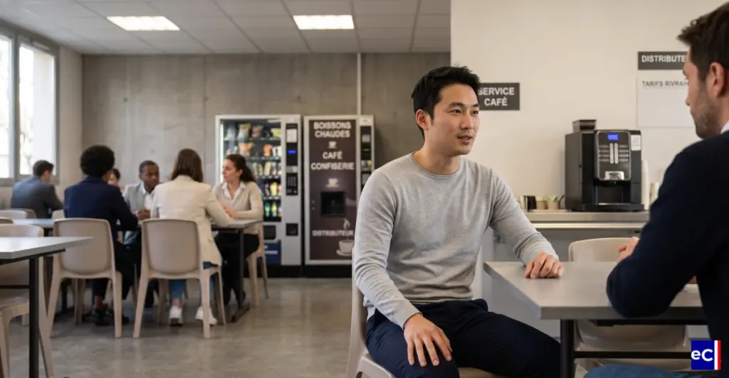 Deux collègues discutent à une table dans une salle de pause.