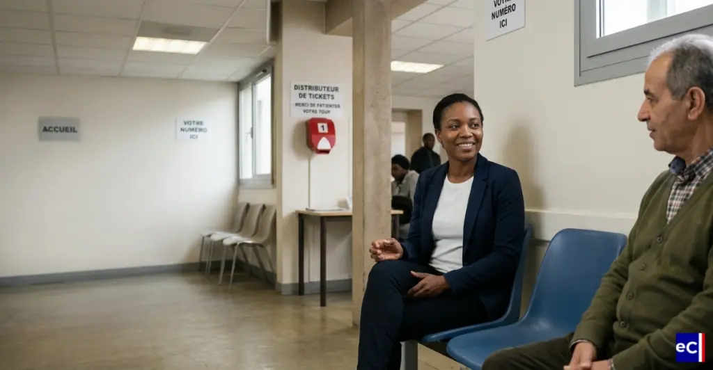 Conversation entre deux citoyens assis dans un bureau d'accueil administratif.
