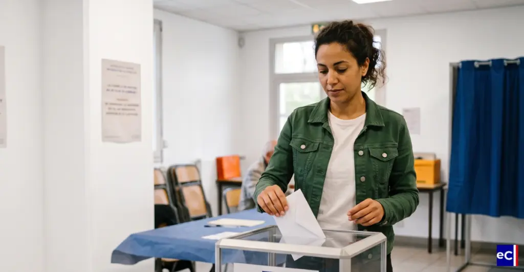 Une citoyenne exerçant son droit de vote dans un bureau de vote.