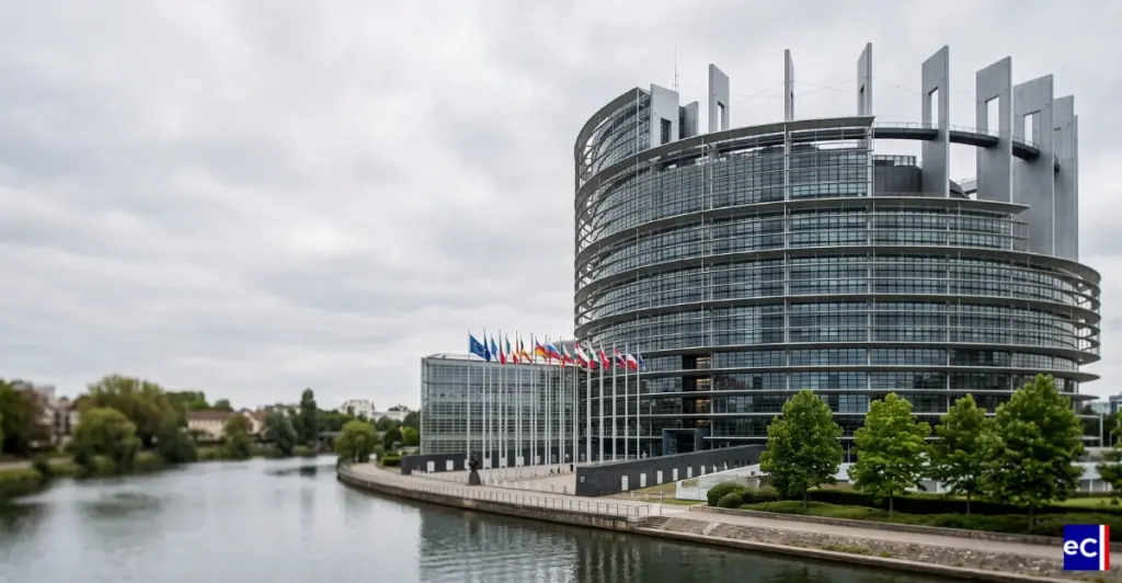 Vue extérieur du Parlement européen à Strasbourg avec des drapeaux des pays de l'Union européenne flottant à l'entrée.