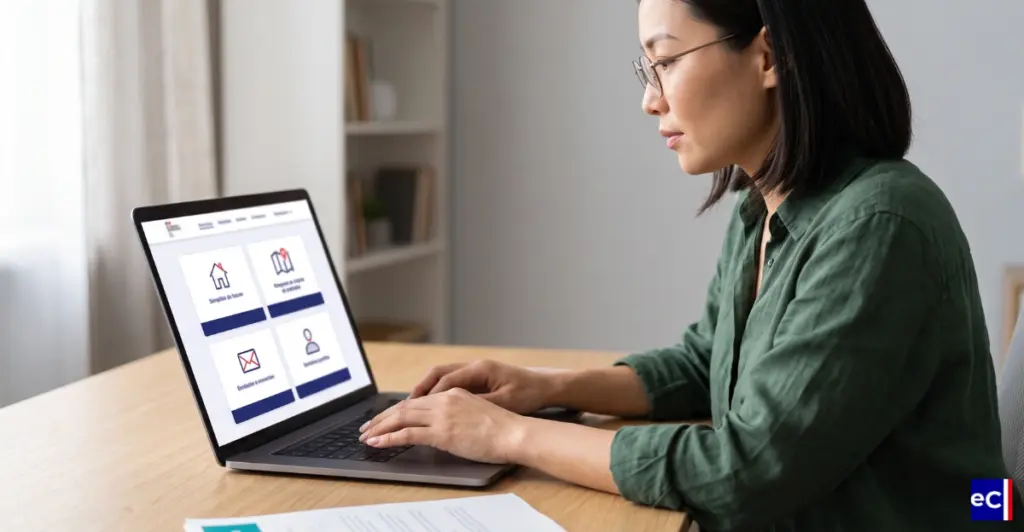 Femme qui dépose sa demande de titre de séjour pluriannuelle en ligne.