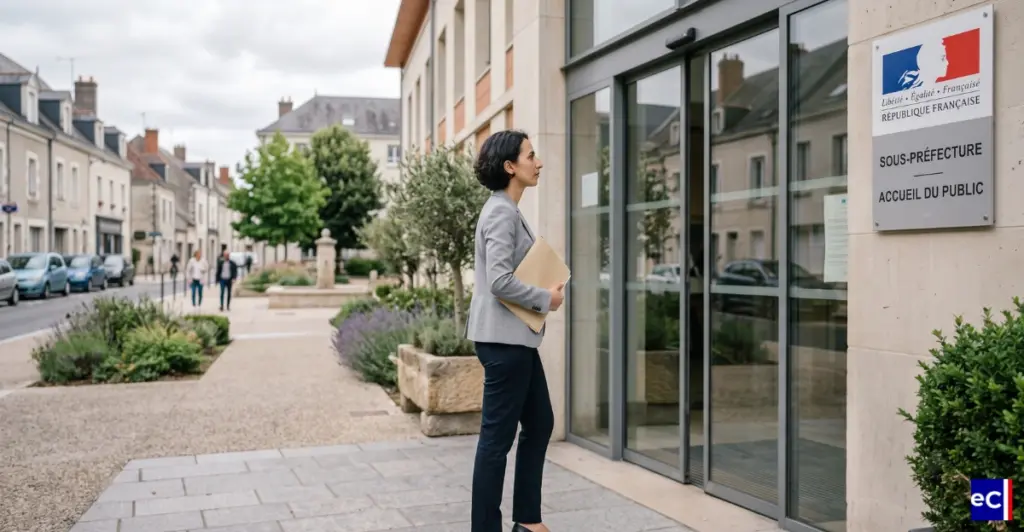 Femme devant une sous-préfecture française tenant un dossier, prête pour son entretien de naturalisation.