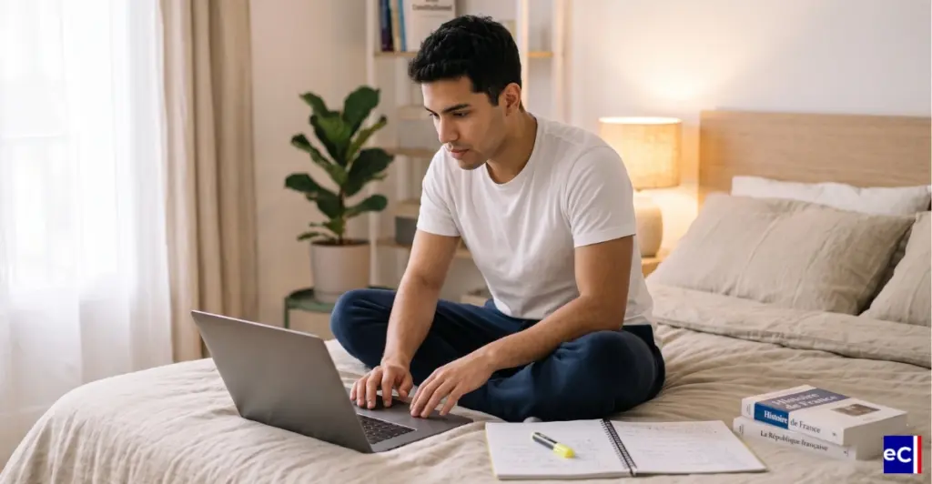 Candidat à l'examen civique qui étudie sur son PC portable.