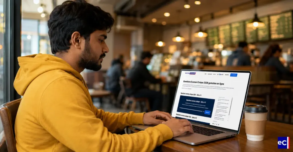 Candidat à la naturalisation consulte les questions officielles sur son ordinateur portable dans un café.