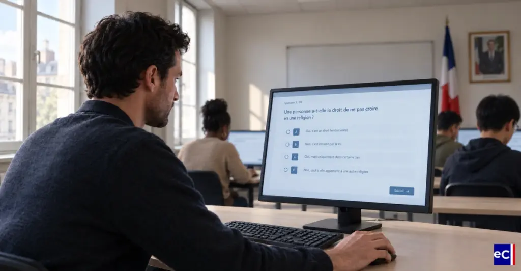 Candidat dans une salle d'examen civique qui répond à une question sur la laïcité.