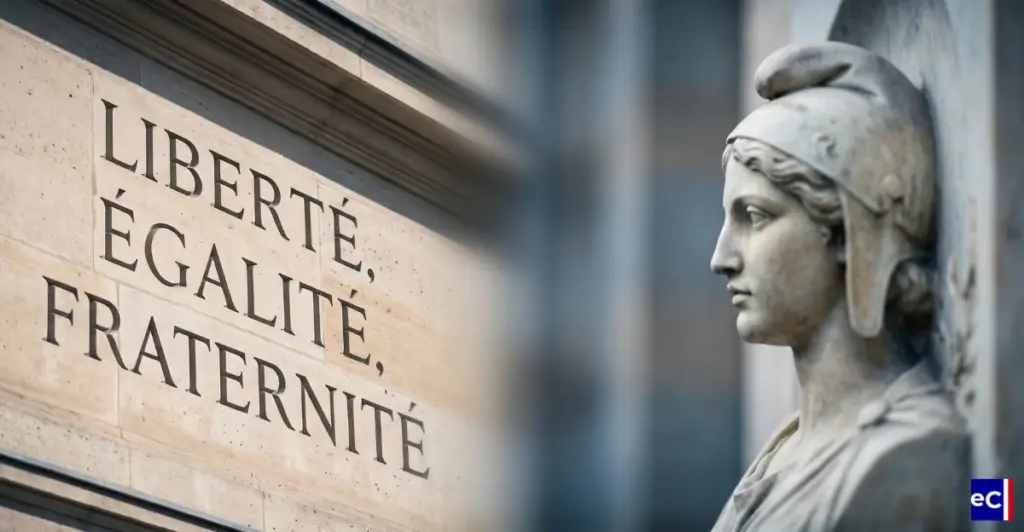 Symbole constitutionnel « Liberté, Égalité, Fraternité », symbole coutumier « Marianne ».