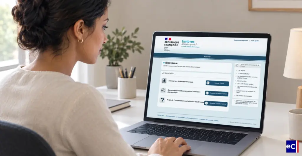 Femme consultant le site officiel timbres.impots.gouv.fr pour acheter un timbre fiscal titre de séjour en ligne.