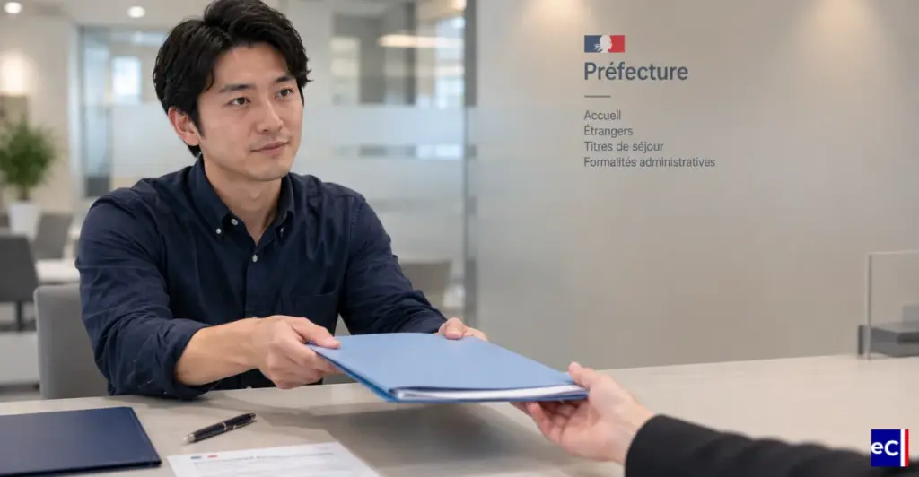 Homme remettant son dossier de demande de titre de séjour en préfecture, étape clé du parcours timbre fiscal titre de séjour.