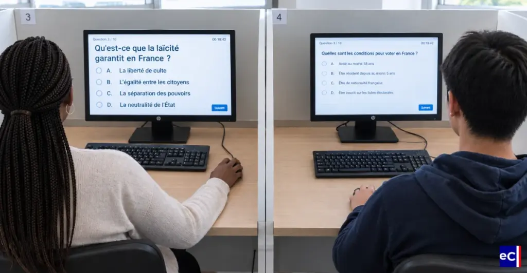 Examen civique : à gauche, interface avec texte agrandi pour candidat bénéficiant d'un aménagement visuel ; à droite, interface standard.