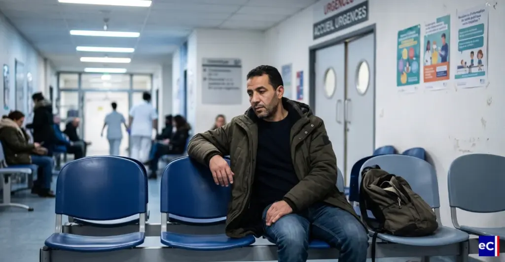 Homme assis dans la salle d'attente des urgences d'un hôpital français. Le droit d'accès aux soins pour tous.