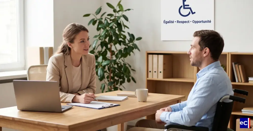 Responsable RH en entretien avec un candidat en fauteuil roulant dans un bureau. Le principe d'égalité de traitement à l'embauche.