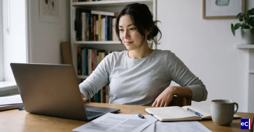 Une femme révise pour l'examen civique devant son ordinateur portable.