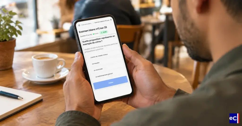 Homme connecté à son compte sur examencivique.fr pour s'entrainer sur un examen blanc de l'examen civique.